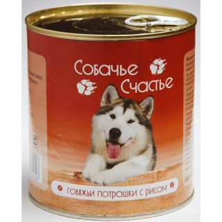 Собачье счастье консервы ж/б 750г~12 для собак Говяжьи потрошки с рисом