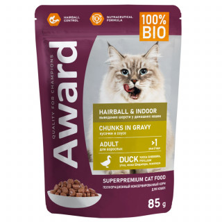 AWARD Hairball&Indoor пауч 85г для выведения шерсти у кошек кусочки в соусе утка
