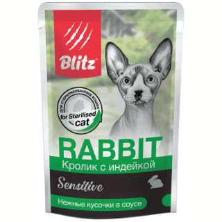 BLITZ Sensitive STERILISED пауч 85г~24 Кролик с индейкой в соусе для стер кошек