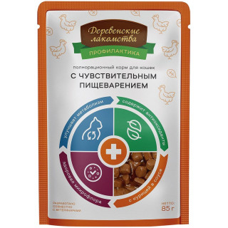 Деревенские лакомства пауч в соусе 85г~12 для кошек чувств пищеварение курица